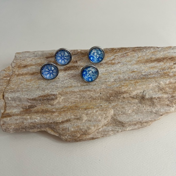 Classic Silver & Blue Stud Earrings - Stylish Blue Trendy Small Earrings - Picture 2 of 13